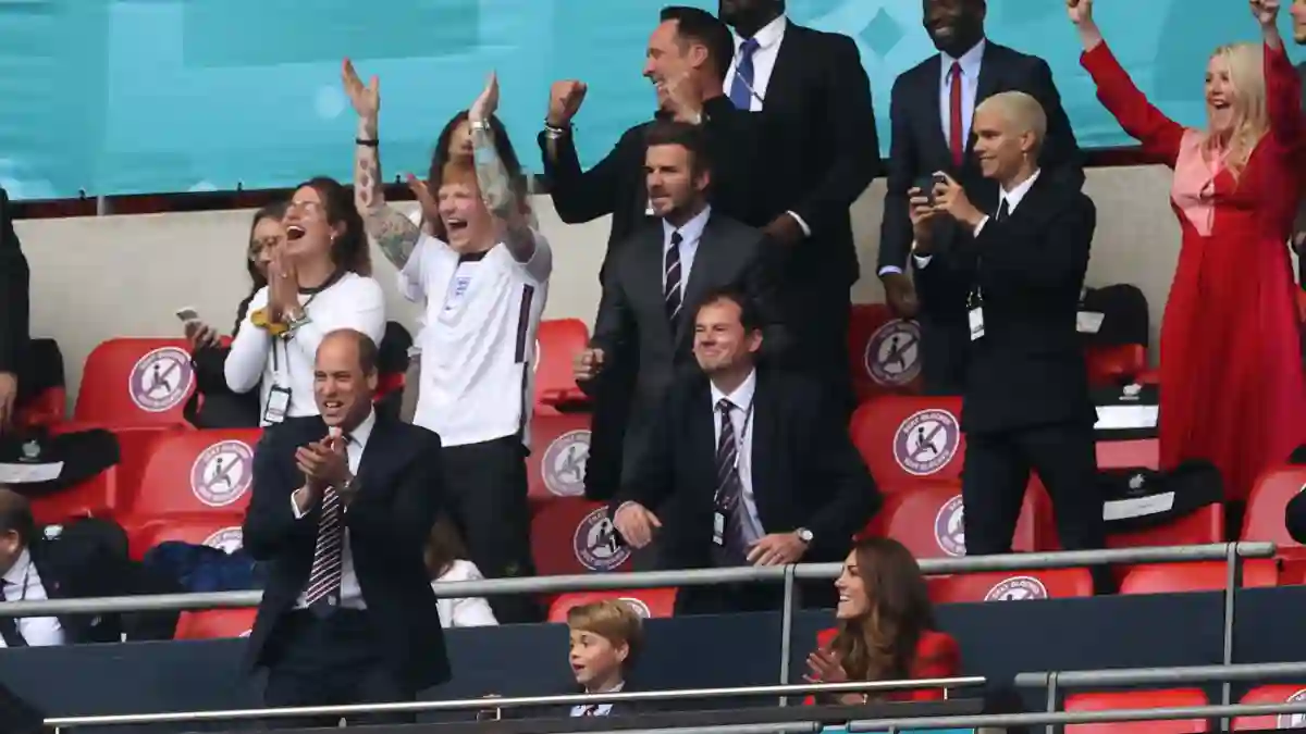 Prinz William, Prinz George, Herzogin Kate, Ed Sheeran, Cherry Seaborn, David Beckham, Romeo Beckham, Ellie Goulding beim Spiel England gegen Deutschland bei der EM 2021 am 29. Juni 2021