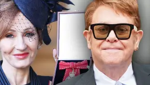 Diese Stars wurden von der Queen zum Ritter geschlagen:  Elton John, J.K. Rowling, Queen Elisabeth II.