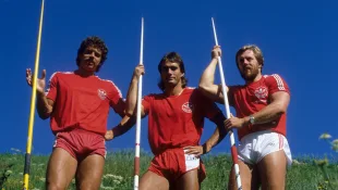 Leichtathletik-Stars Jürgen Hingsen (li.), Siegfried Wentz (Mitte) und Guido Kratschmer
