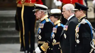 König Charles III., Prinzessin Anne, Prinz Andrew, Prinz Edward beim Trauerzug