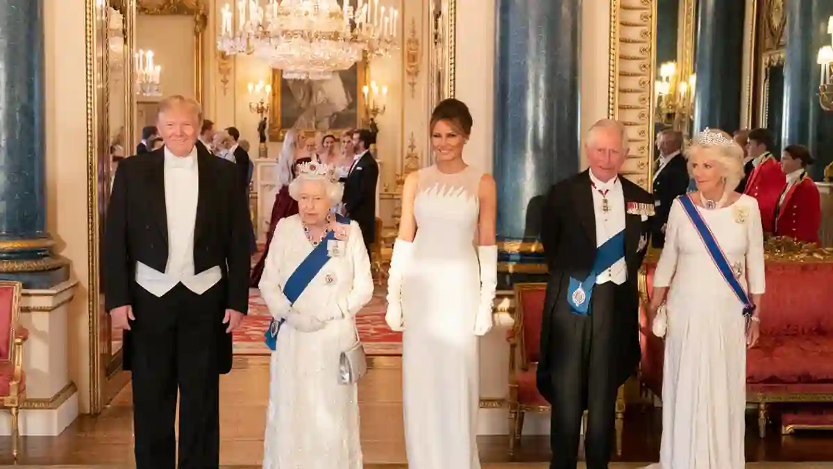 Donald Trump, Königin Elisabeth II., Melania Trump, Prinz Charles, Herzogin Camilla beim Staatsbankett der Queen