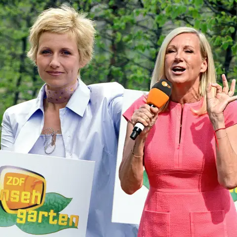 Andrea Kiewel im Jahr 2000 und 2026 auf dem Lerchenberg
