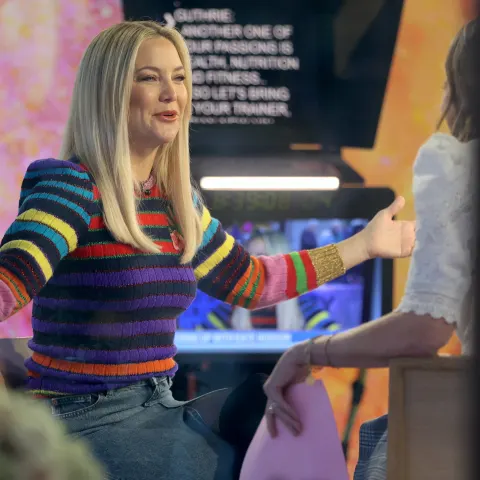 Kate Hudson and Savannah Guthrie pictured during an interview at the Today show in Uptown, Manhattan Featuring: Kate Hud