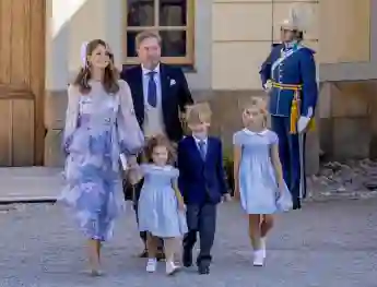 Prinzessin Madeleine, Christopher O’Neill, Prinzessin Leonore, Prinz Nicolas und Prinzessin Adrienne bei der Taufe von Prinz Julian am 14. August 2021