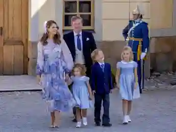Prinzessin Madeleine, Christopher O'Neill, Prinz Nicolas, Prinzessin Leonore und Prinzessin Adrienne bei der Taufe von Prinz Julian am 14. August 2021