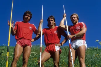 Leichtathletik-Stars Jürgen Hingsen (li.), Siegfried Wentz (Mitte) und Guido Kratschmer