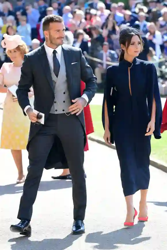 David Beckham und Victoria Beckham kommen vor der Hochzeit von Prinz Harry mit Meghan Markle am 19. Mai 2018 in Windsor, England, in der St. George's Chapel auf Schloss Windsor an
